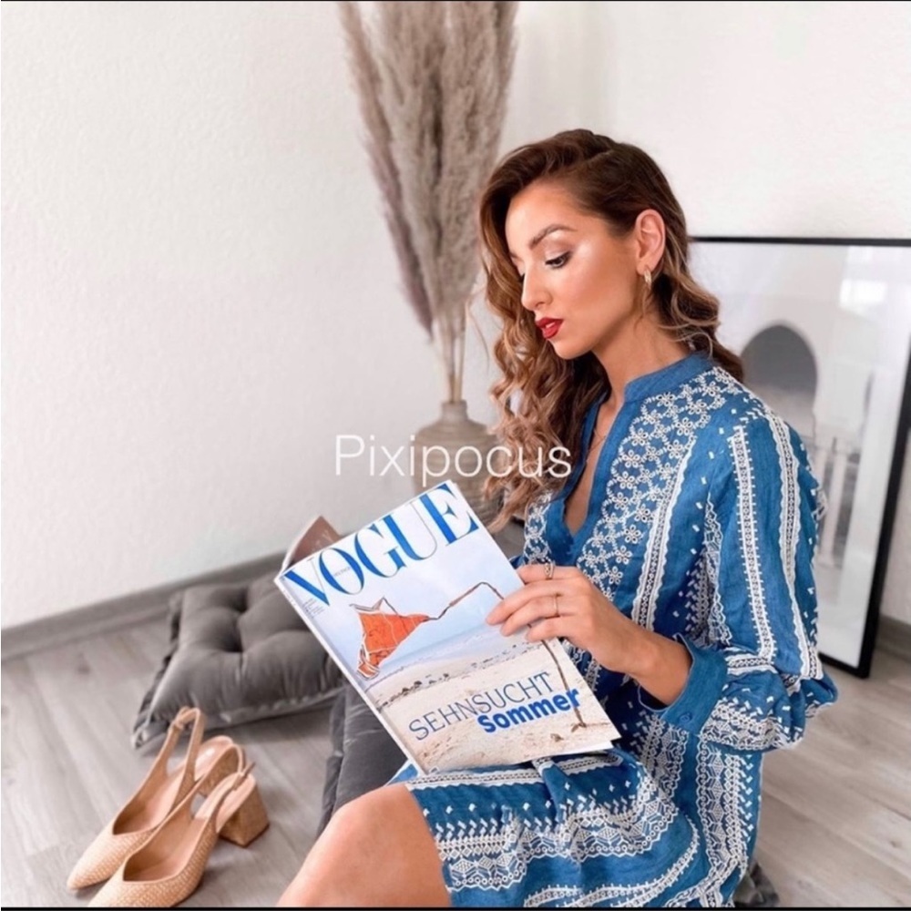 Zara Embroidered Boho Eyelet Blue White Lace Tunic Dress Womens Small